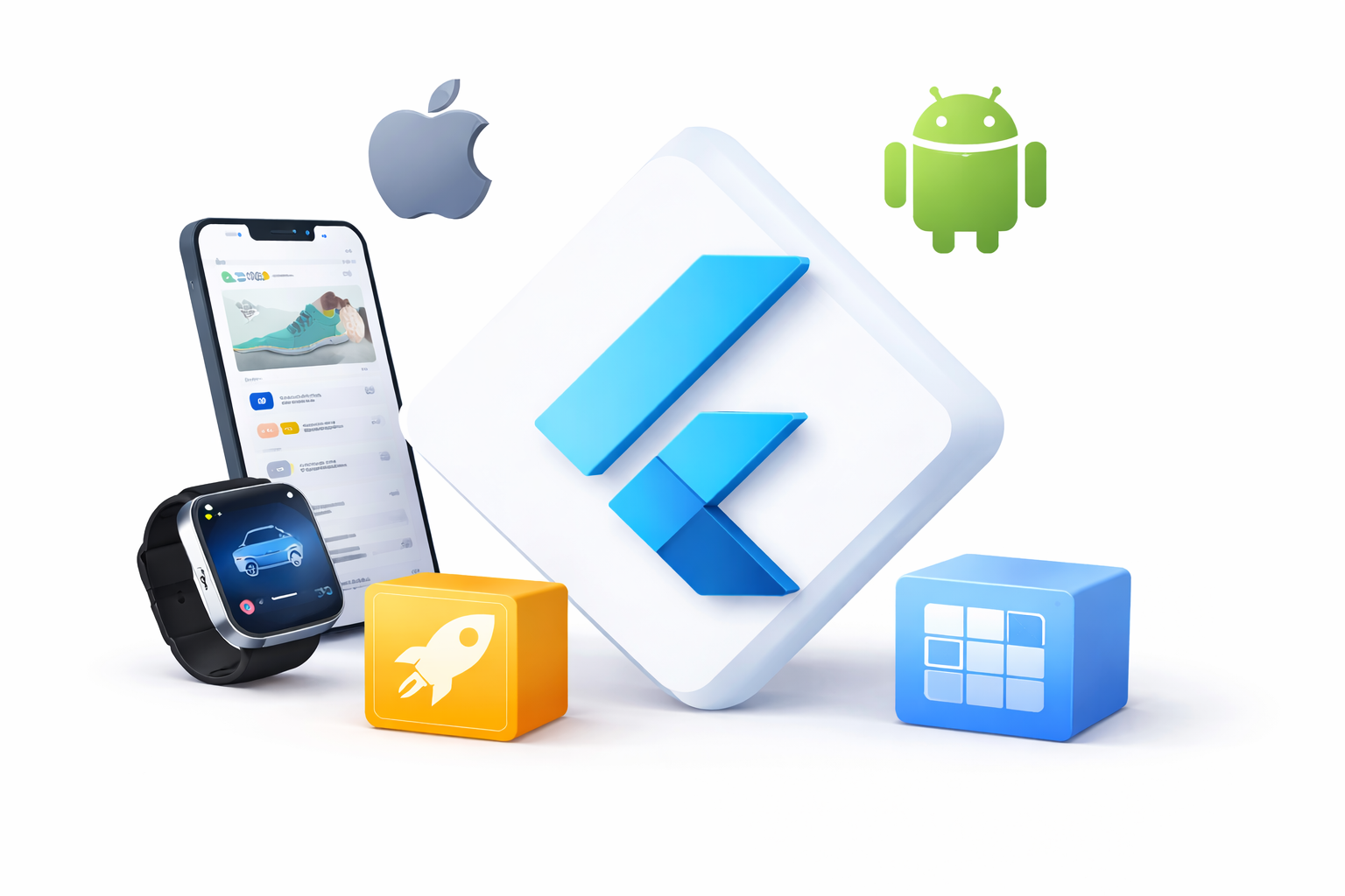 Illustration von einem großen Flutter Logo. um das Logo herum ein Handy und eine Smartwatch. 